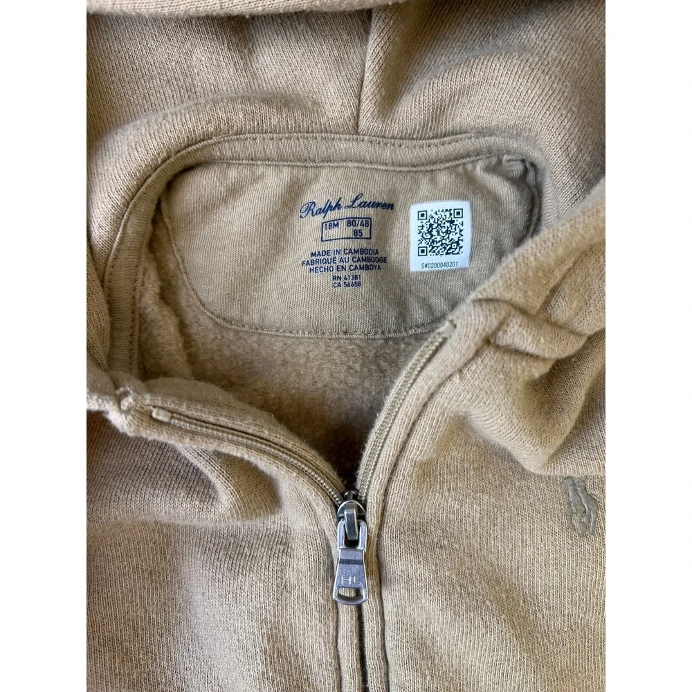 Ralph Lauren Toddler Boys Tan Beige Zip Up Hoodie Sweatshirt 18M Pony Logo